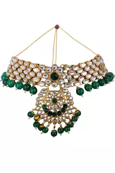 Traditonal Gold Plated Green Stone Studded Choker with Earring Maagtika