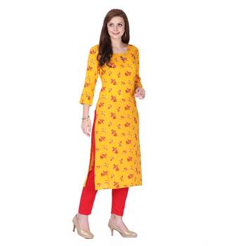 Yellow printed rayon long-kurtis 3