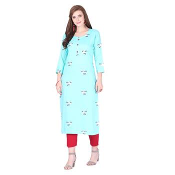 Turquoise printed rayon long-kurtis 1