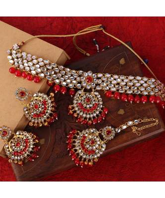 Traditonal Gold Plated Red Stone Studded Choker with Earring Maagtika 1
