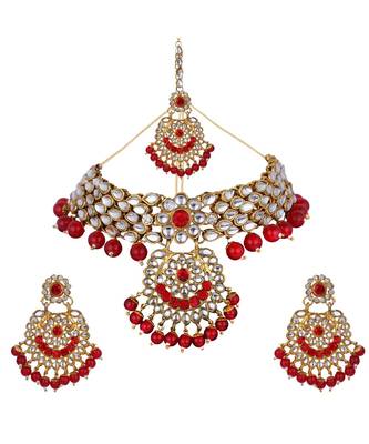 Traditonal Gold Plated Red Stone Studded Choker with Earring Maagtika 2