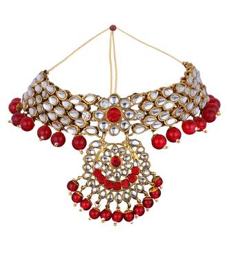 Traditonal Gold Plated Red Stone Studded Choker with Earring Maagtika 3
