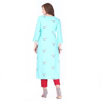 Turquoise printed rayon long-kurtis 2