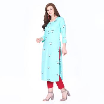 Turquoise printed rayon long-kurtis 3