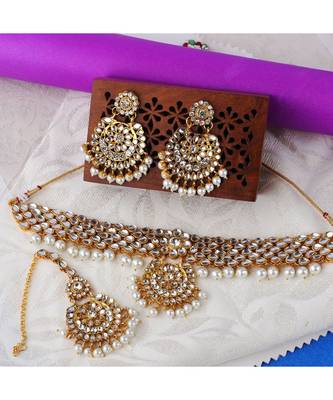 Traditonal Gold Plated White Stone Studded Choker with Earring Maagtika 1