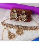 Traditonal Gold Plated White Stone Studded Choker with Earring Maagtika