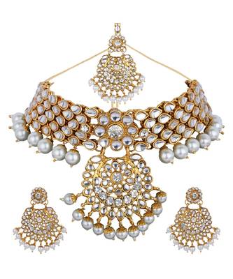 Traditonal Gold Plated White Stone Studded Choker with Earring Maagtika 2