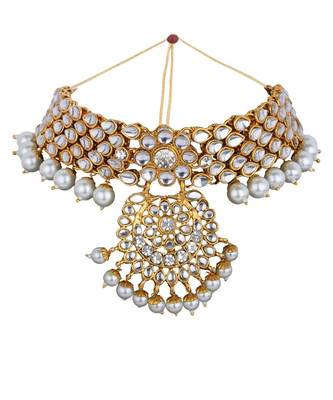 Traditonal Gold Plated White Stone Studded Choker with Earring Maagtika 3