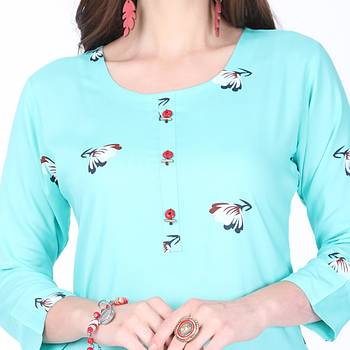 Turquoise printed rayon long-kurtis 4