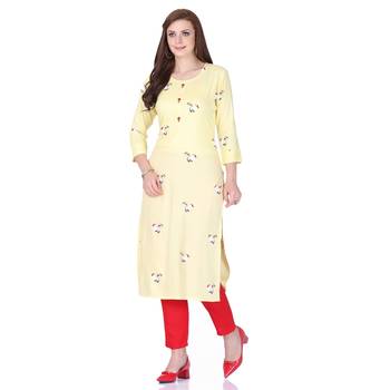 Yellow printed rayon long-kurtis 1