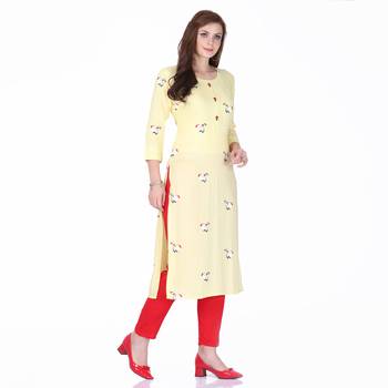 Yellow printed rayon long-kurtis 3