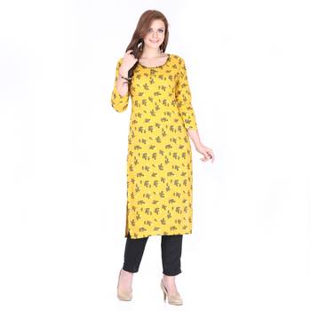 Yellow printed rayon long-kurtis 1