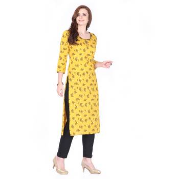 Yellow printed rayon long-kurtis 3