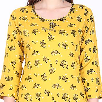 Yellow printed rayon long-kurtis 4