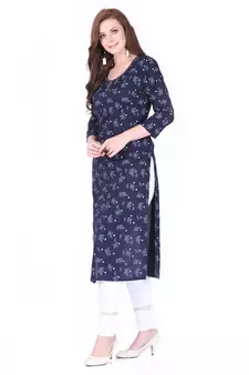 Dark-blue printed rayon long-kurtis