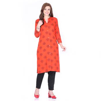 Orange printed rayon long-kurtis 1