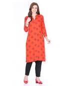 Orange printed rayon long-kurtis