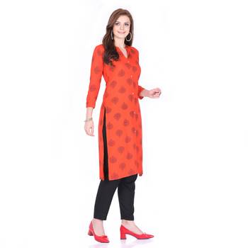 Orange printed rayon long-kurtis 3