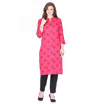 Pink printed rayon long-kurtis 1