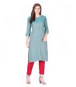 Green printed rayon long-kurtis
