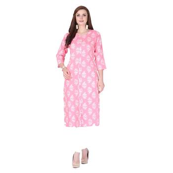 Pink printed rayon long-kurtis 1
