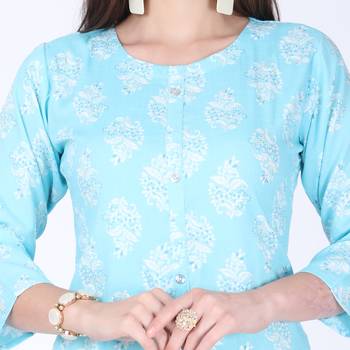 Blue printed rayon long-kurtis 4