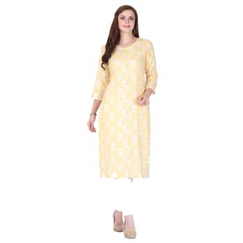 Yellow printed rayon long-kurtis 1