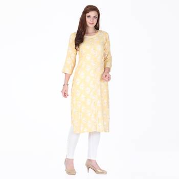 Yellow printed rayon long-kurtis 3