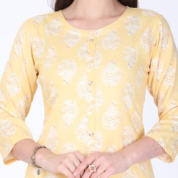 Yellow printed rayon long-kurtis 4
