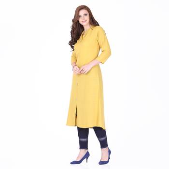 Yellow plain rayon long-kurtis 3