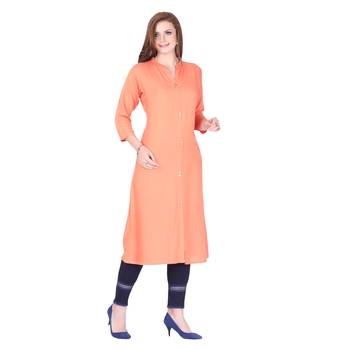 Orange plain rayon long-kurtis 1