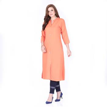 Orange plain rayon long-kurtis 3
