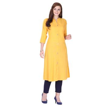 Yellow plain rayon long-kurtis 1