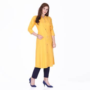 Yellow plain rayon long-kurtis 3