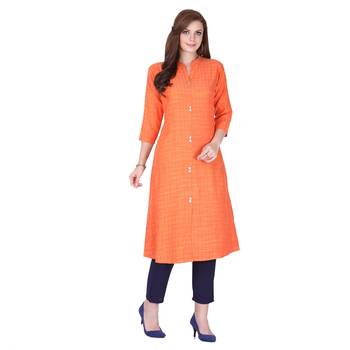Orange plain rayon long-kurtis 1