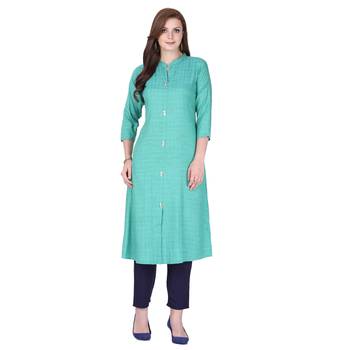 Green plain rayon long-kurtis 1