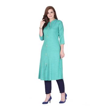 Green plain rayon long-kurtis 3