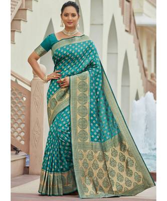 Teal Woven Party Wear Art Silk Sarees 1