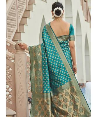 Teal Woven Party Wear Art Silk Sarees 4