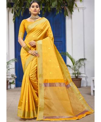 Yellow Woven Party Wear Cotton Silk Sarees 1