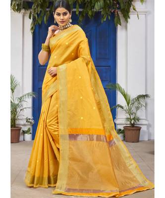 Yellow Woven Party Wear Cotton Silk Sarees 3