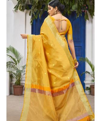 Yellow Woven Party Wear Cotton Silk Sarees 4