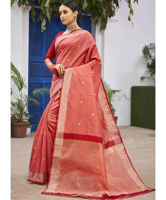 Dark Peach Woven Party Wear Cotton Silk Sarees 2