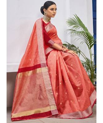 Dark Peach Woven Party Wear Cotton Silk Sarees 3