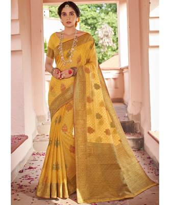 Yellow Woven Party Wear Cotton Silk Sarees 1