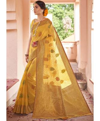 Yellow Woven Party Wear Cotton Silk Sarees 2