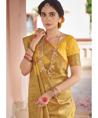 Yellow Woven Party Wear Cotton Silk Sarees 3