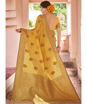Yellow Woven Party Wear Cotton Silk Sarees 4