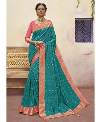 Turquoise Woven Party Wear Art Silk Sarees 1