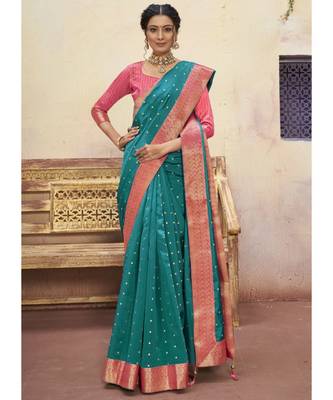 Turquoise Woven Party Wear Art Silk Sarees 3